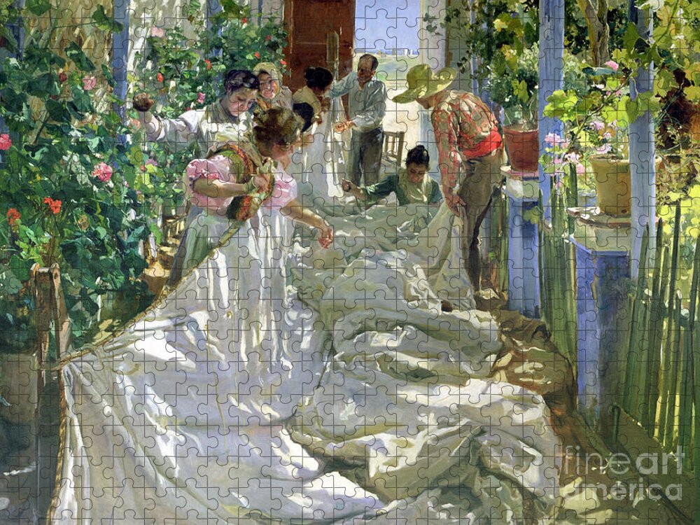 Sewing;straw Hat;geranium;sunshine;worker;workers;greenhouse;conservatory;interior; Pagoda Jigsaw Puzzle featuring the painting Mending the Sail by Joaquin Sorolla y Bastida