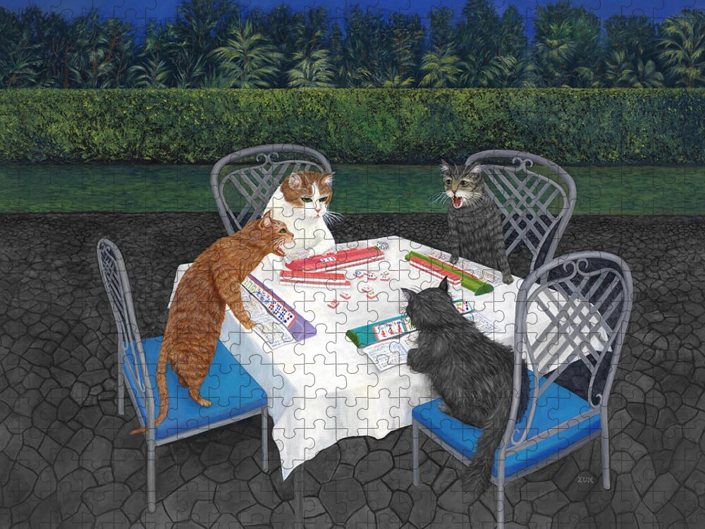 Cat Art Jigsaw Puzzle featuring the painting Meowjongg - Cats playing Mahjongg by Karen Zuk Rosenblatt