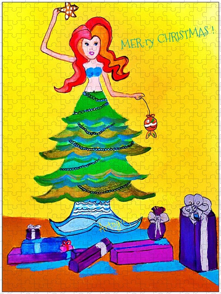 Christmas Mermaid Jigsaw Puzzle featuring the painting Mer-ry Christmas Mermaid Tree  by Pamela Smale Williams