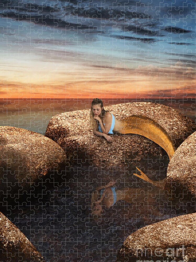 Clayton Jigsaw Puzzle featuring the digital art Mermaid by the rock pool by Clayton Bastiani