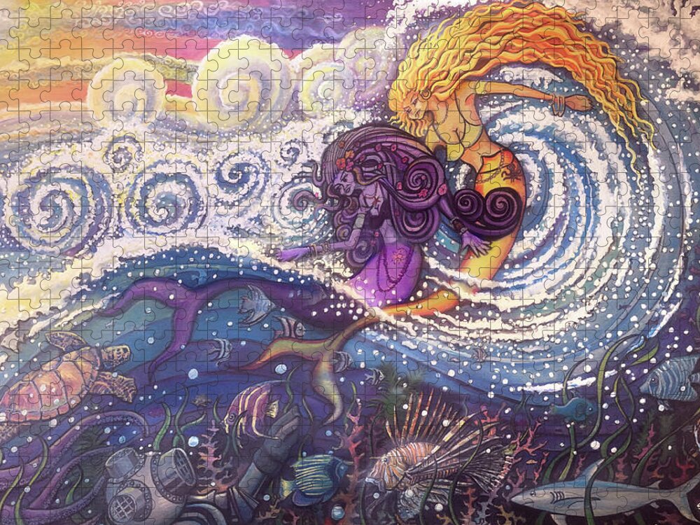 Mermaids Jigsaw Puzzle featuring the painting Mermaids in the Surf by David Sockrider