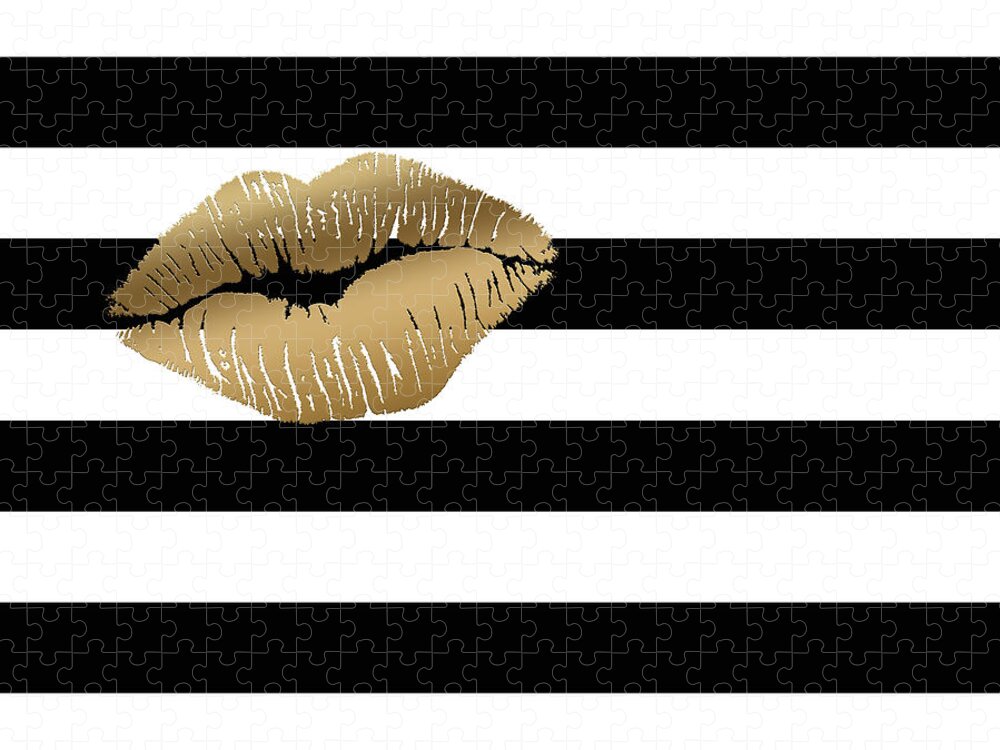 Black And White Stripes Jigsaw Puzzle featuring the painting Metallic Gold Lips Black and White Stripes by Georgeta Blanaru