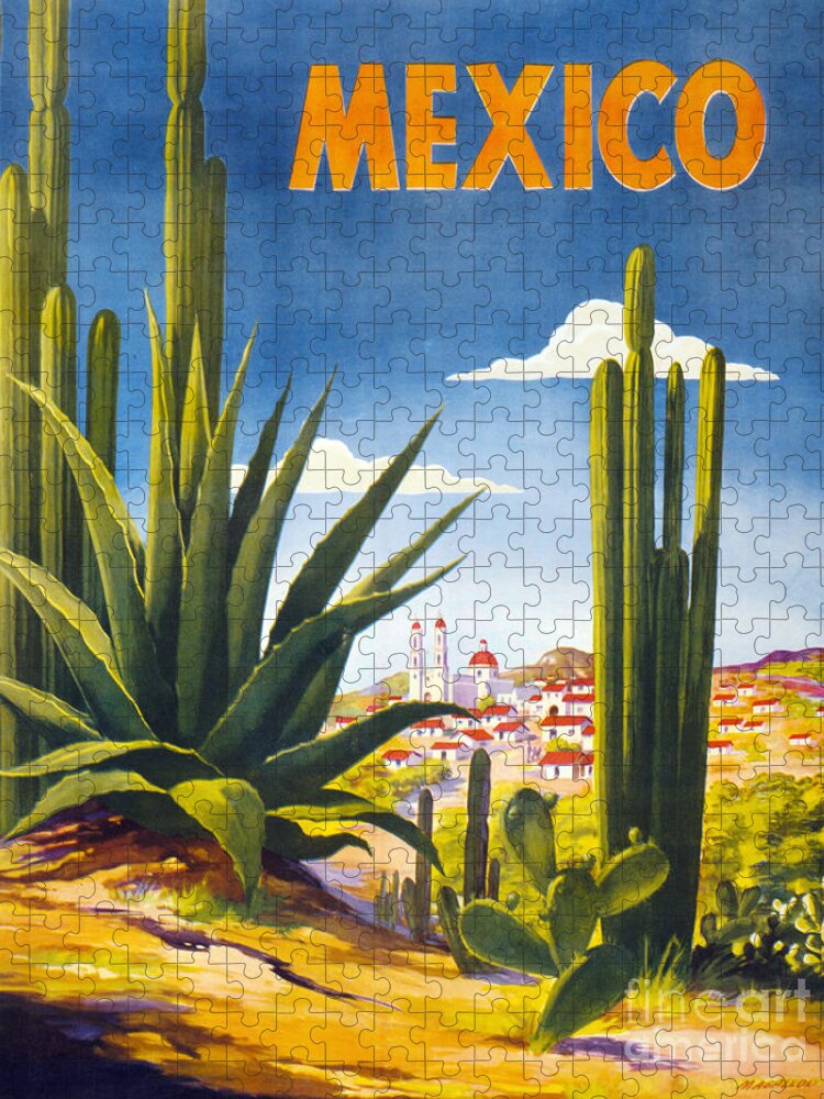 Vintage Jigsaw Puzzle featuring the painting Mexico Vintage Poster Restored by Vintage Treasure