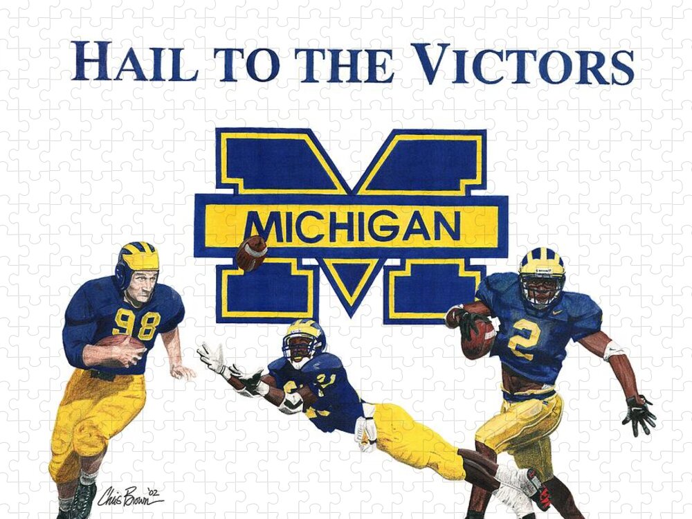 Michigan Wolverines Jigsaw Puzzle featuring the drawing Michigan Heismans by Chris Brown
