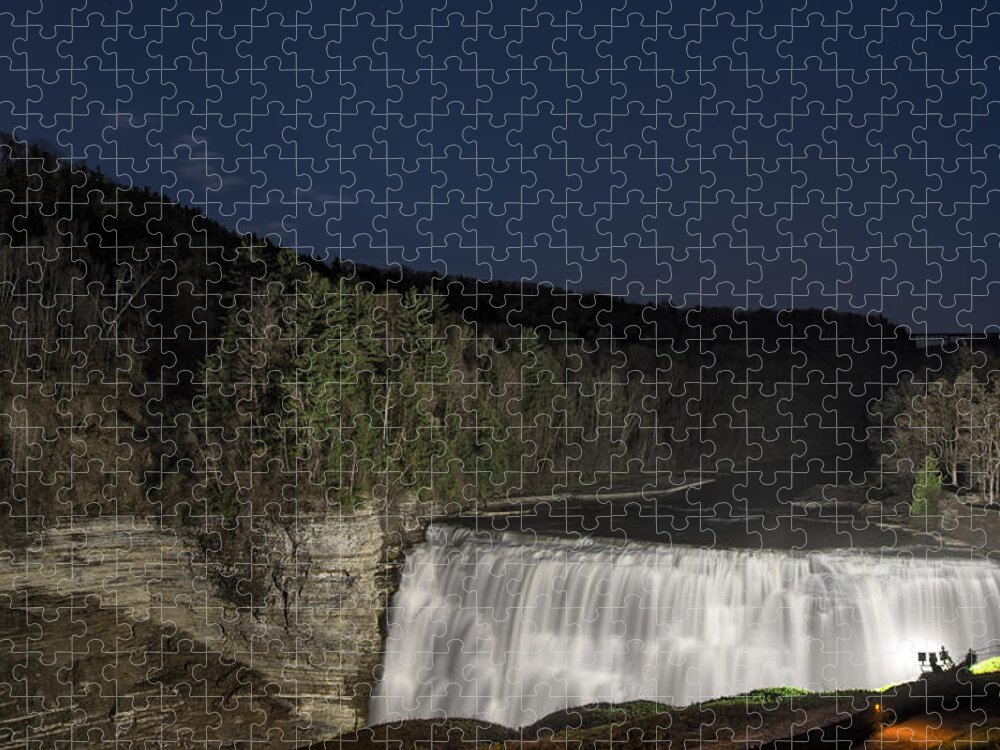 Letchworth State Park Jigsaw Puzzle featuring the photograph Middle Falls At Night 2 by Mark Papke