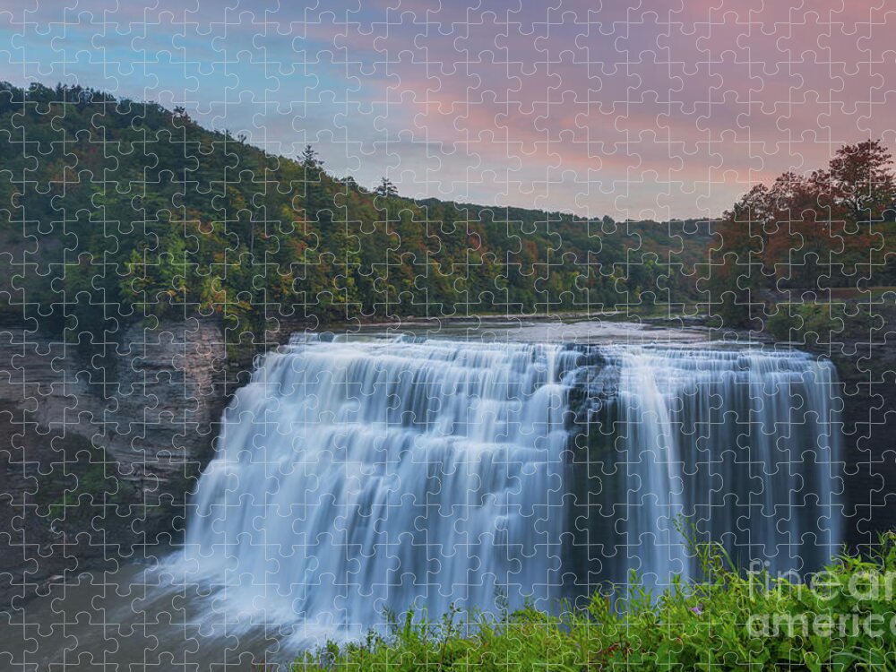 Letchworth State Park Jigsaw Puzzle featuring the photograph Middle Falls Sunset by Michael Ver Sprill