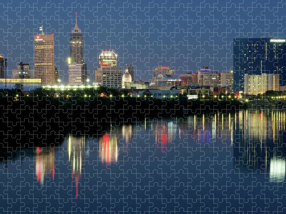 Indianapolis Jigsaw Puzzle featuring the photograph Midnight Blue Indy Skyline by Frozen in Time Fine Art Photography