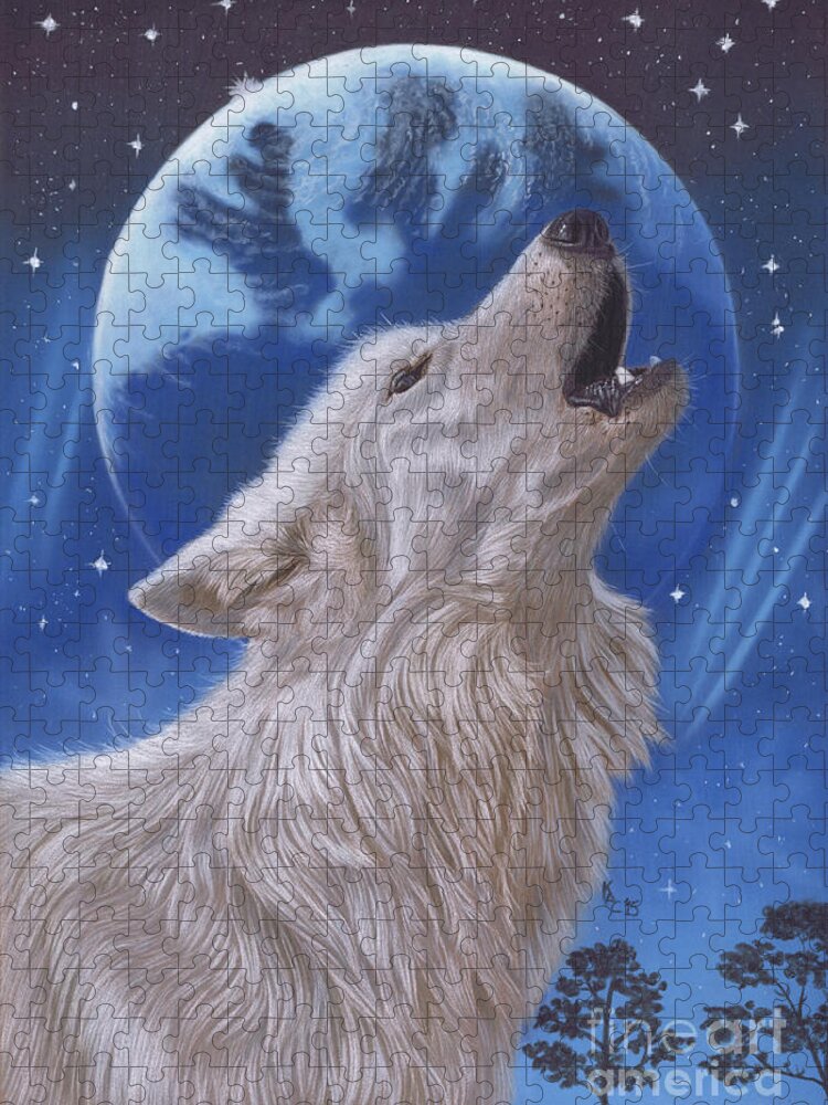 Wolf Jigsaw Puzzle featuring the pastel Midnight Caller by Karie-Ann Cooper