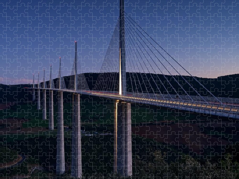 Millau Jigsaw Puzzle featuring the photograph Millau viaduct at dusk by Stephen Taylor