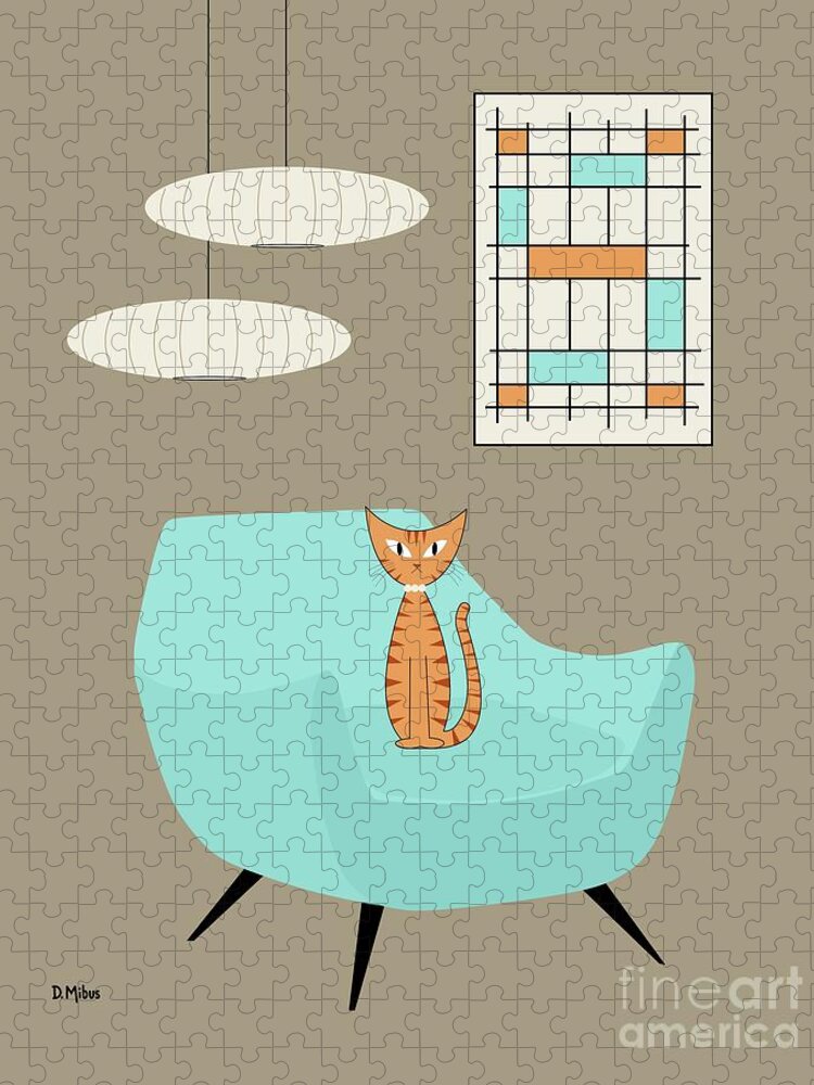 Mid Century Modern Jigsaw Puzzle featuring the digital art Mini Abstract Blue Chair Orange Cat by Donna Mibus