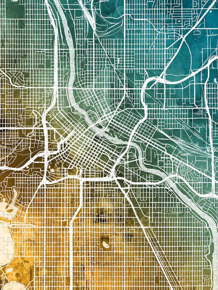 Minneapolis Puzzle featuring the digital art Minneapolis Minnesota City Map by Michael Tompsett