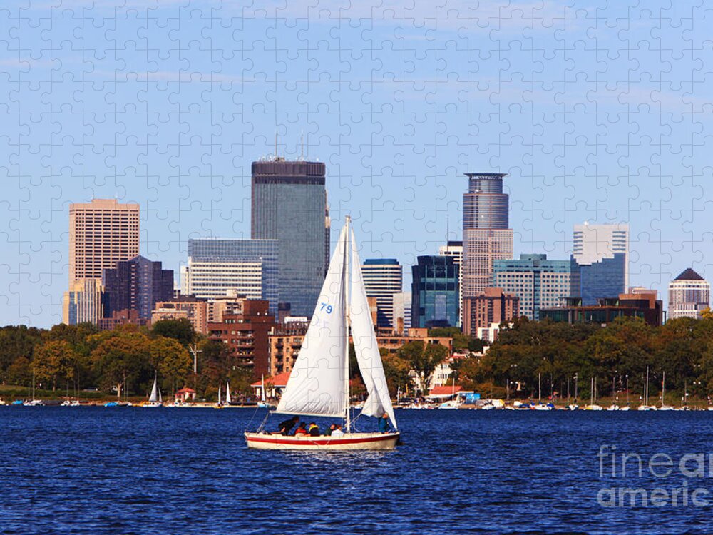 Minneapolis Skyline Painting Jigsaw Puzzle featuring the photograph Minneapolis Skyline Lake Calhoun Sailing by Wayne Moran