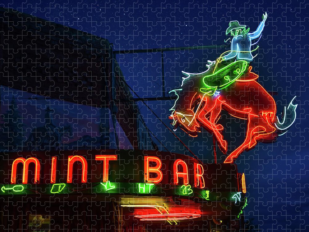 Mint Jigsaw Puzzle featuring the photograph Mint Bar Neon Sheridan Wyoming by Steve Gadomski
