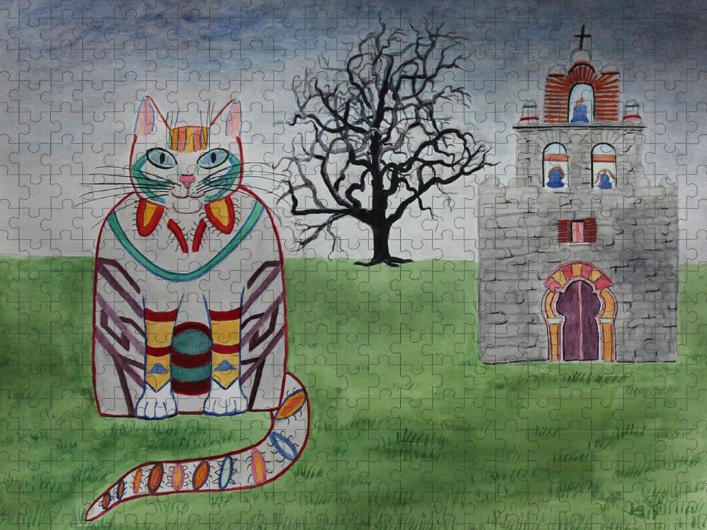 Mission Espada Jigsaw Puzzle featuring the painting Mission Espada Cat by Vera Smith