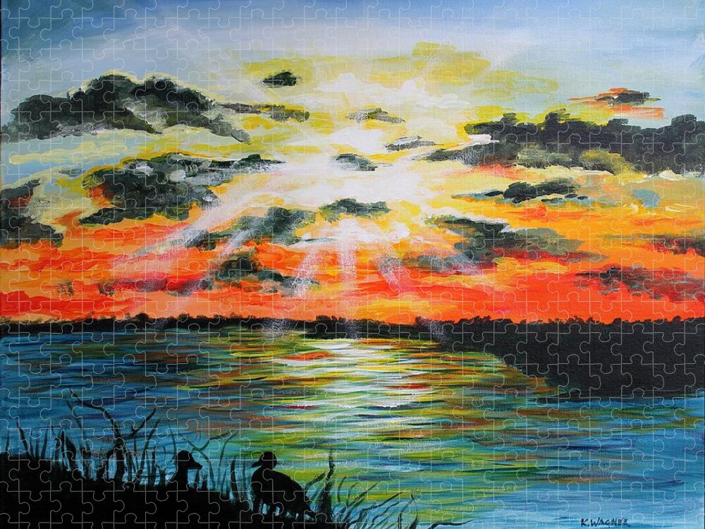 Mississippi River Jigsaw Puzzle featuring the painting Mississippi River Sunset by Karl Wagner