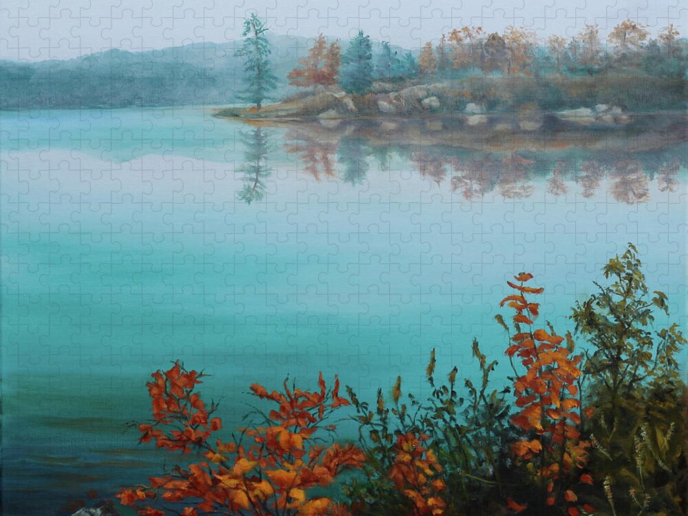 Fall Jigsaw Puzzle featuring the painting Mist on the Lake by Rebecca Hauschild