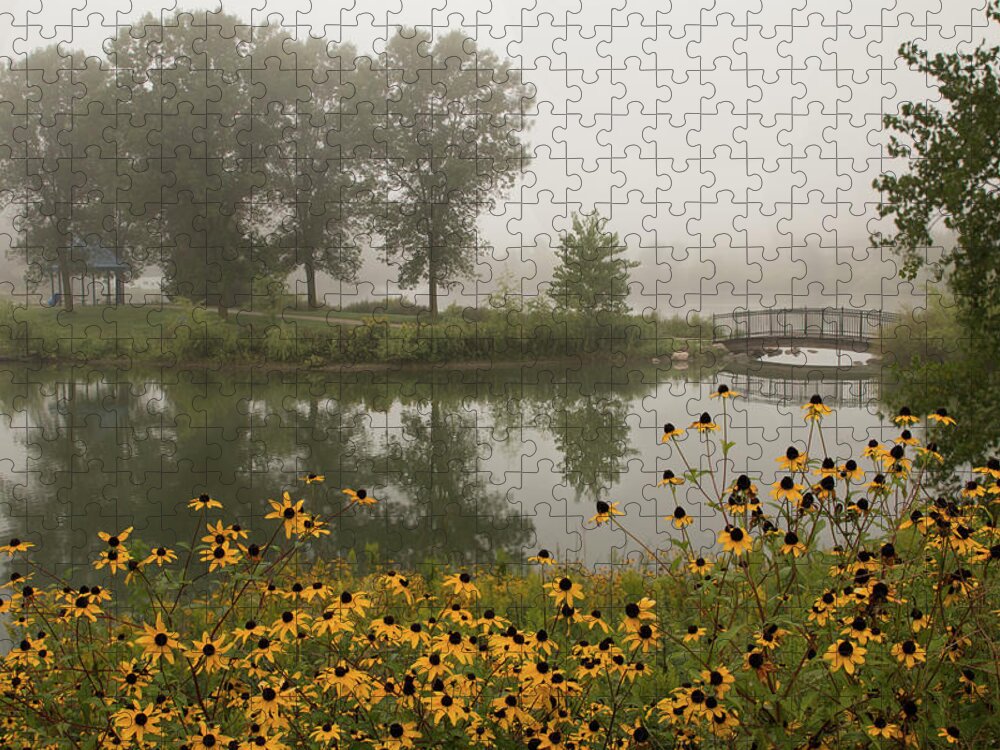 Fog Jigsaw Puzzle featuring the photograph Misty Pond Bridge Reflection #3 by Patti Deters