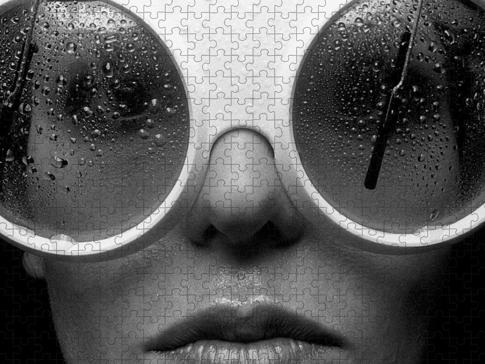 Babe Eyes Face Lips Mist Mouth Wipers Woman Sensual Sexy Bw B&w Lbgt Present Perfect Poster Game Room Dorm Bedroom Gift Jigsaw Puzzle featuring the photograph Misty by Sandy Ostroff