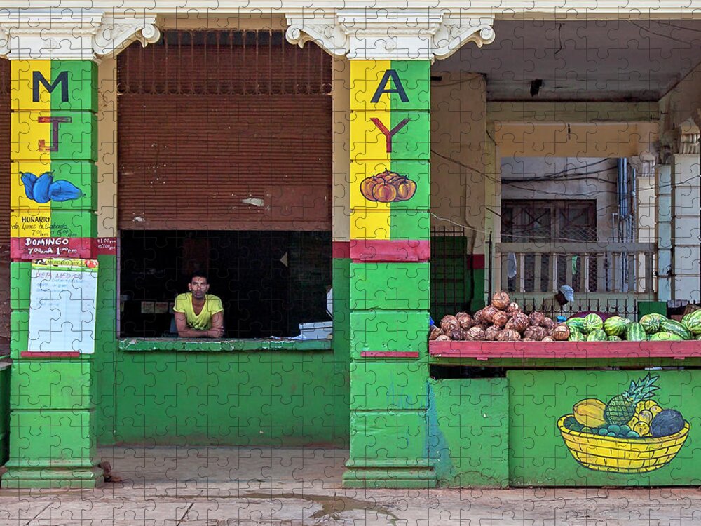 Charles Harden Fruit Watermelon Stand Havana Cuba Habana Green Yellow Caribbean Jigsaw Puzzle featuring the photograph MJAY Fruit Stand Havana Cuba by Charles Harden