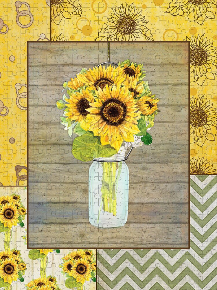 Modern Jigsaw Puzzle featuring the painting Modern Rustic Country Sunflowers in Mason Jar by Audrey Jeanne Roberts