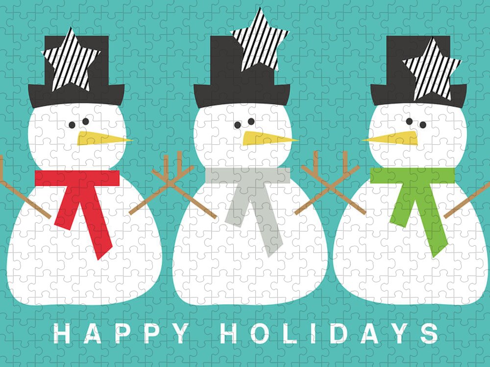 Snowman Jigsaw Puzzle featuring the digital art Modern Snowmen Happy Holidays- Art by Linda Woods by Linda Woods
