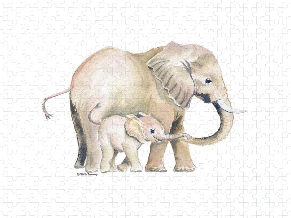 Mom And Baby Elephant Jigsaw Puzzle featuring the painting Mom and Baby Elephant 2 by Melly Terpening