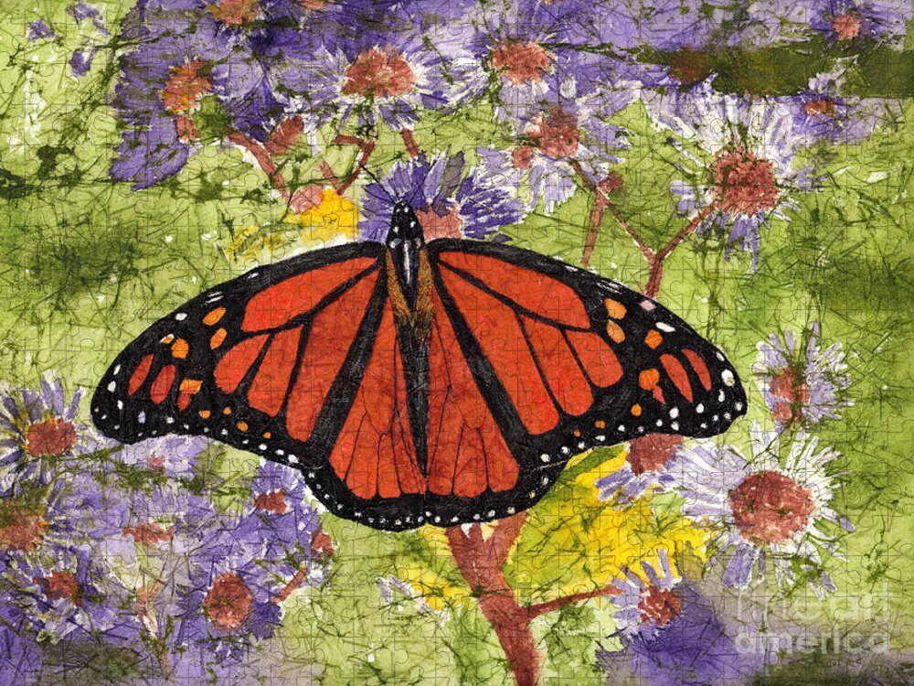 Monarch Butterfly Jigsaw Puzzle featuring the painting Monarch Butterfly on Purple Flowers Watercolor Batik by Conni Schaftenaar