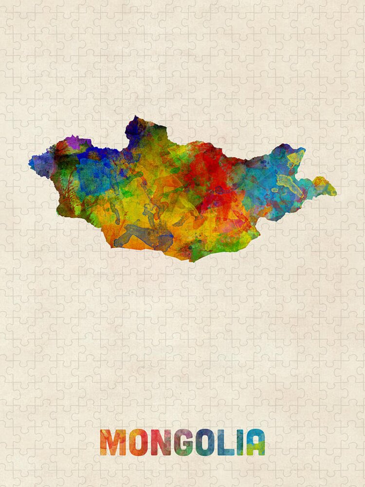 Mongolia Jigsaw Puzzle featuring the digital art Mongolia Watercolor Map by Michael Tompsett