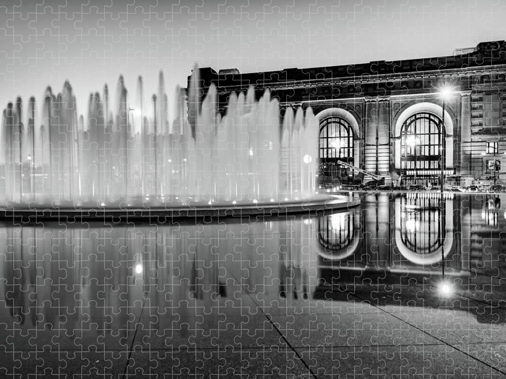 America Jigsaw Puzzle featuring the photograph Monochrome Waters and Union Station - Kansas City by Gregory Ballos