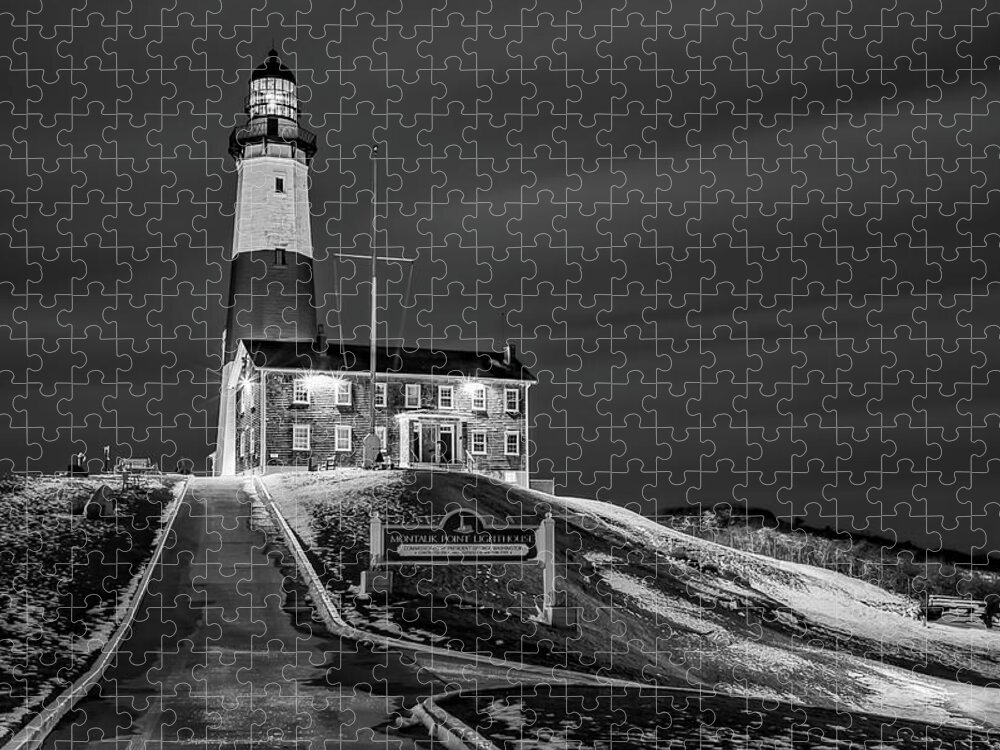 Montauck Point Lighthouse Jigsaw Puzzle featuring the photograph Montauk Point Lighthouse BW by Susan Candelario