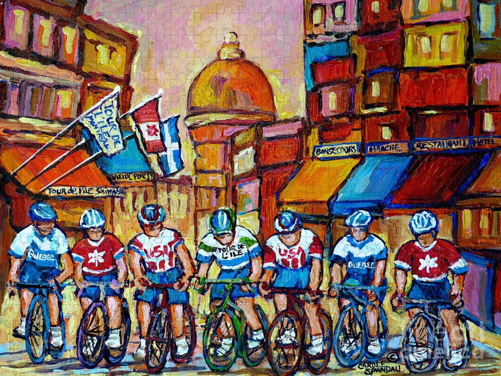 Montreal Jigsaw Puzzle featuring the painting Montreal Cyclists Old Montreal Bike Race Tour De L'ile Canadian Paintings Carole Spandau       by Carole Spandau