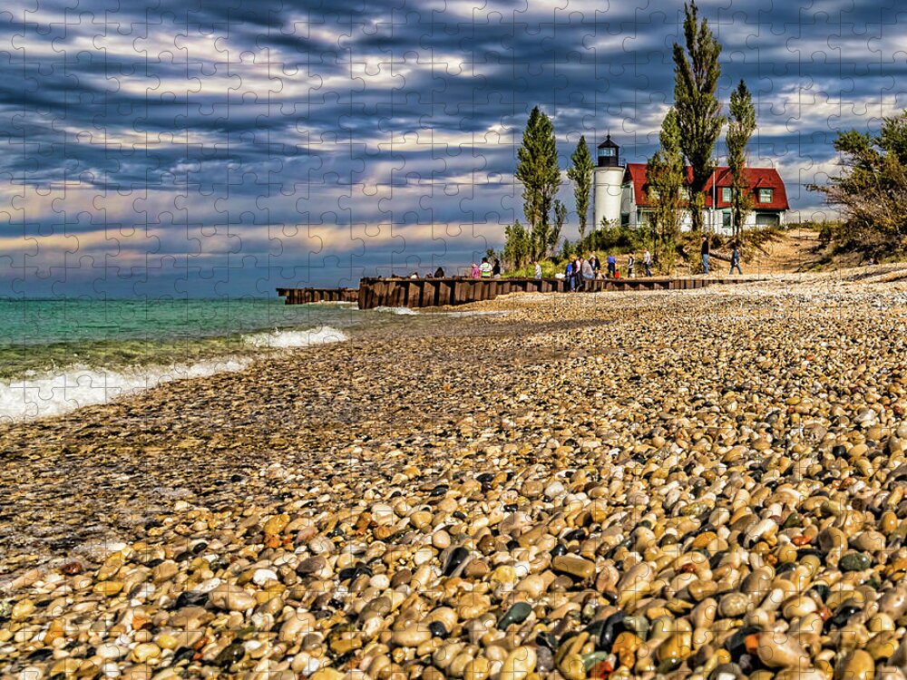 Point Betsie Lighthouse Jigsaw Puzzle featuring the photograph Moody Skies over Point Betsie by Joe Holley