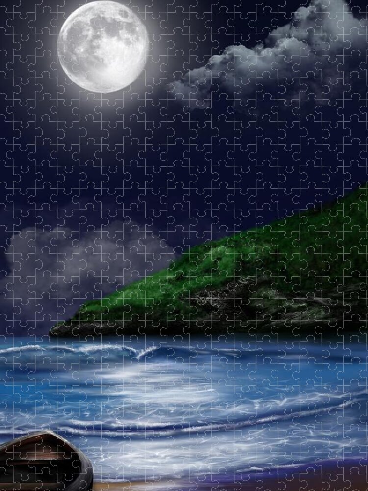“moon Over The Cove” Jigsaw Puzzle featuring the digital art Moon Over the Cove by Mark Taylor
