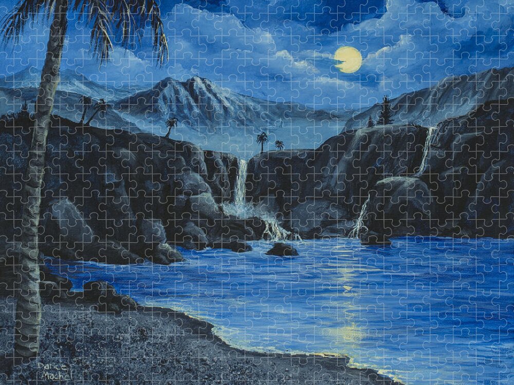 Landscape Jigsaw Puzzle featuring the painting Moonlight and Waterfalls by Darice Machel McGuire