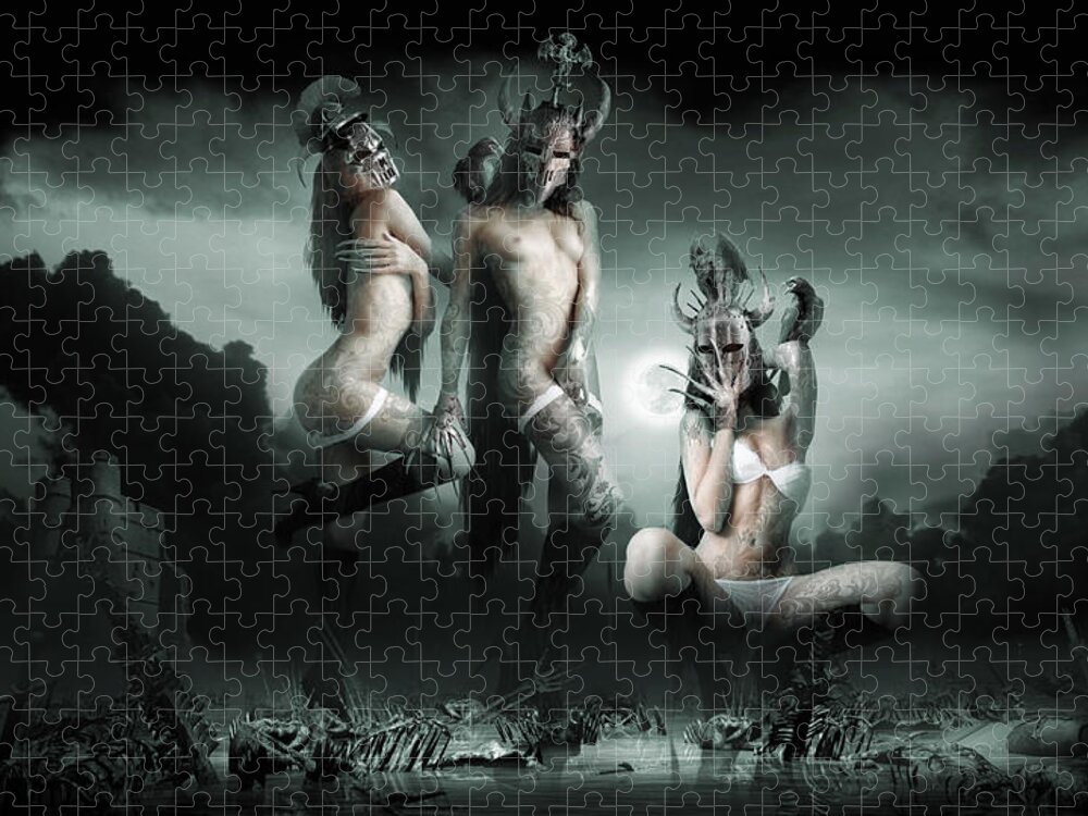 Goth Valkyrie Mythology Medieval History Scandinavian Valkyries Supernatural Gothic Fantasy Landscape Female Creature Evil Killer Warrior Dressed Cadaver Outline Darkness Skull Skeleton Swamp Bones Mire Carcass Artist Digital 3d Photography Matte Painting Computer Jigsaw Puzzle featuring the digital art Moonlight Bathing Valkyries by George Grie