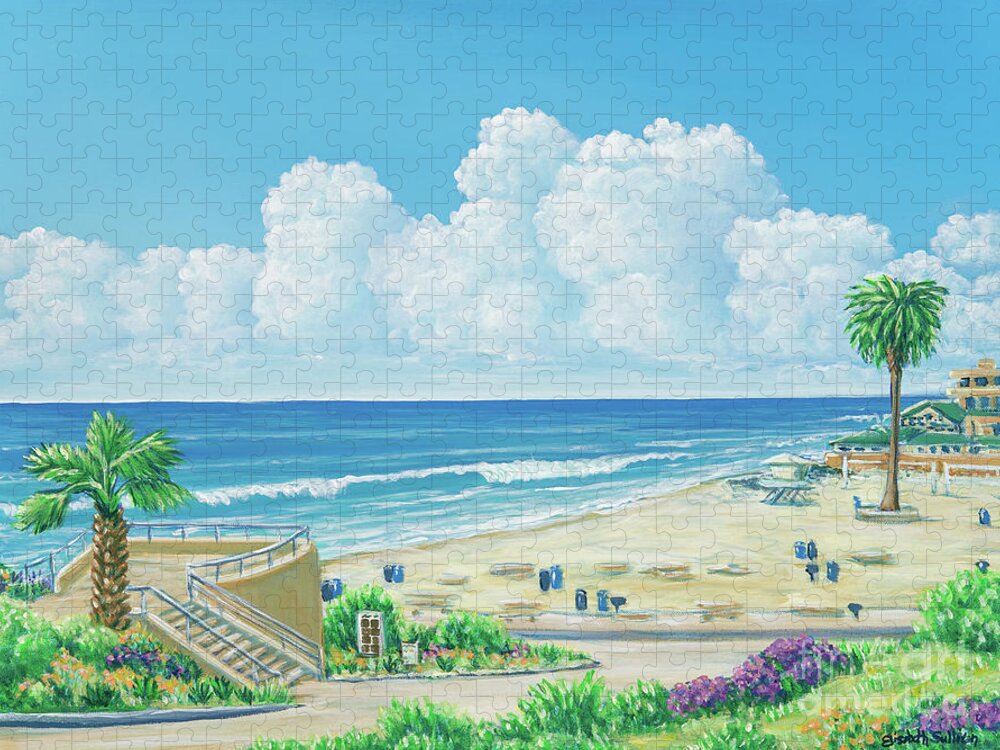 Seascape Jigsaw Puzzle featuring the painting Moonlight Beach by Elisabeth Sullivan