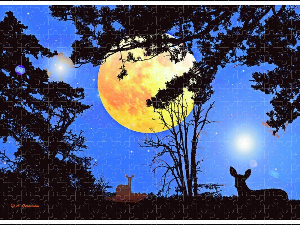 Fantasy Image Jigsaw Puzzle featuring the photograph Moonlight Fantasy Forest with Deer Silhouettes by A Macarthur Gurmankin