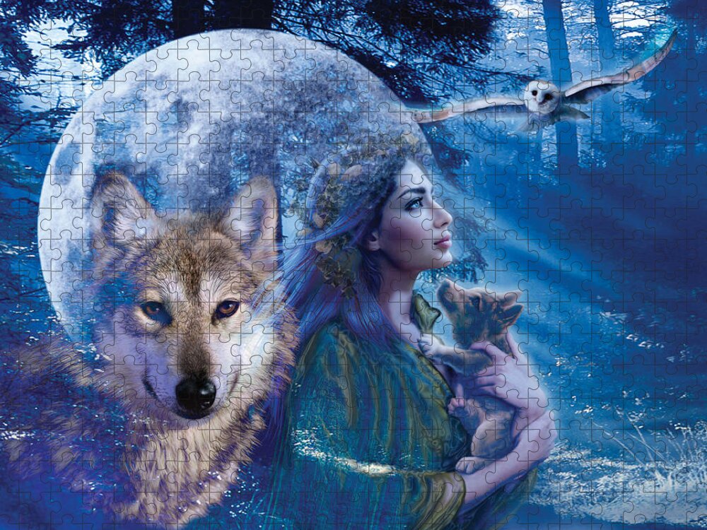 Wolf Jigsaw Puzzle featuring the photograph Moonlit Brethren Variant 1 by MGL Meiklejohn Graphics Licensing