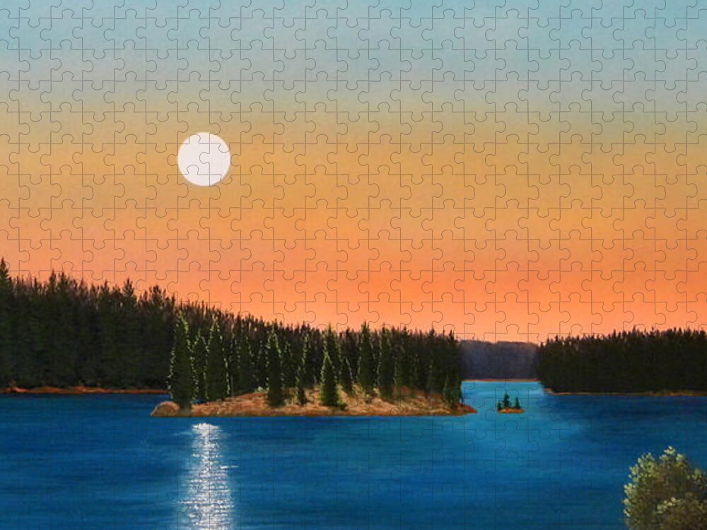 Landscape Jigsaw Puzzle featuring the painting Moonrise Over The Lake by Frank Wilson
