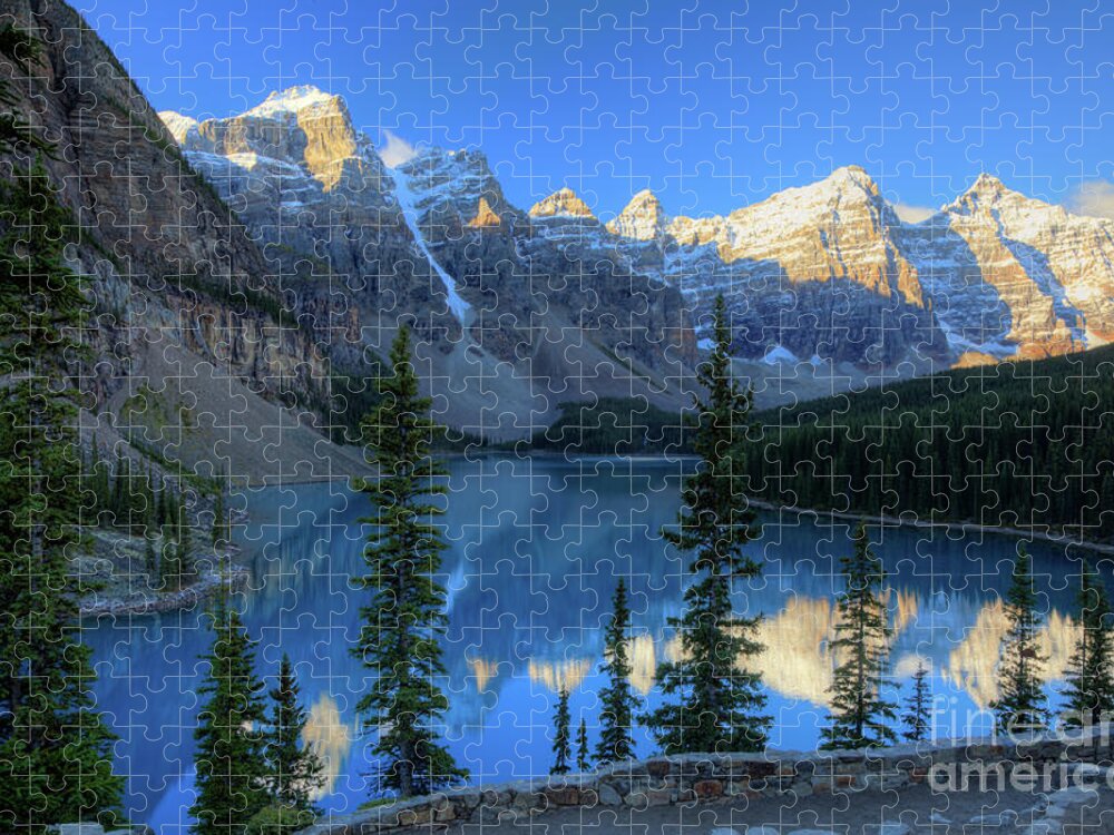 Moraine Lake Jigsaw Puzzle featuring the photograph Moraine Lake Sunrise Blue Skies by Wayne Moran