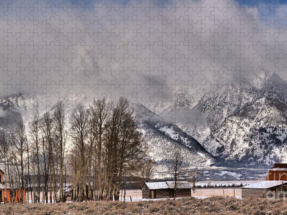 Mormon Row Jigsaw Puzzle featuring the photograph Mormon Row Winter Morning Panorama by Adam Jewell