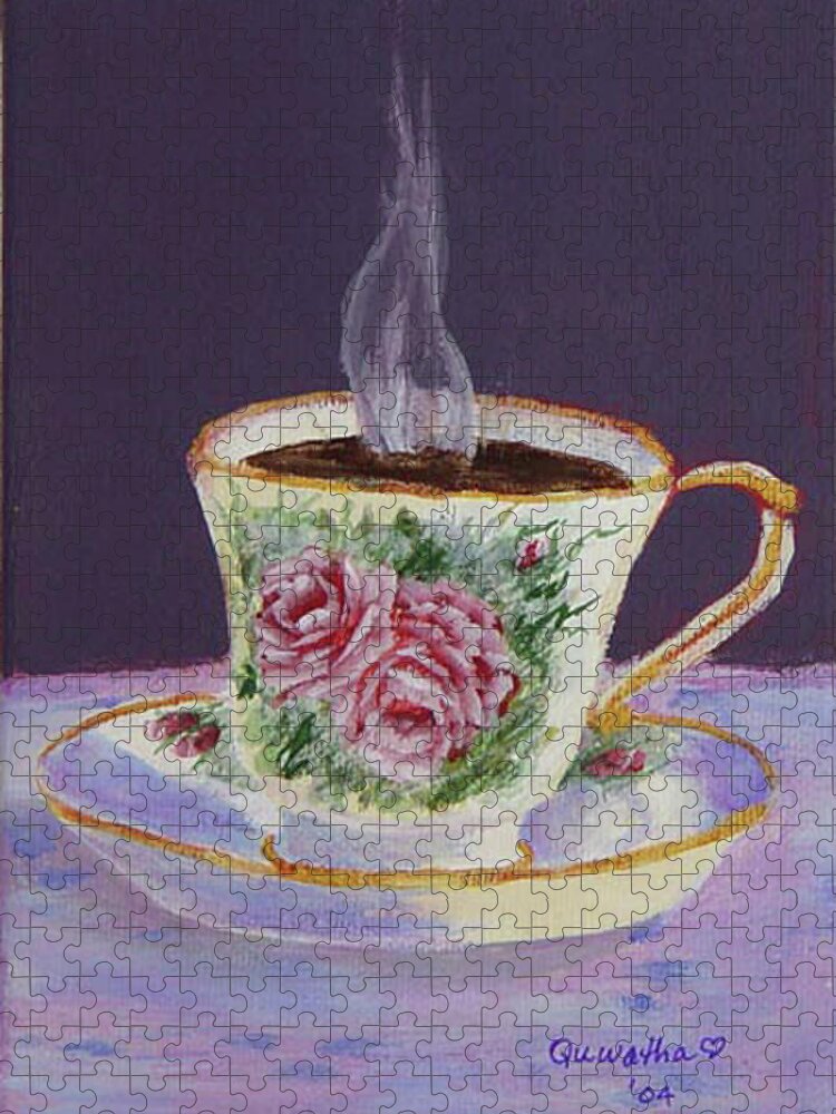 Cup Jigsaw Puzzle featuring the drawing Morning Coffee by Quwatha Valentine