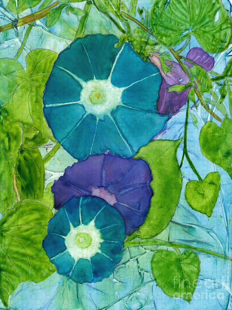 Morning Glories Jigsaw Puzzle featuring the painting Morning Glories in Watercolor on Yupo by Conni Schaftenaar