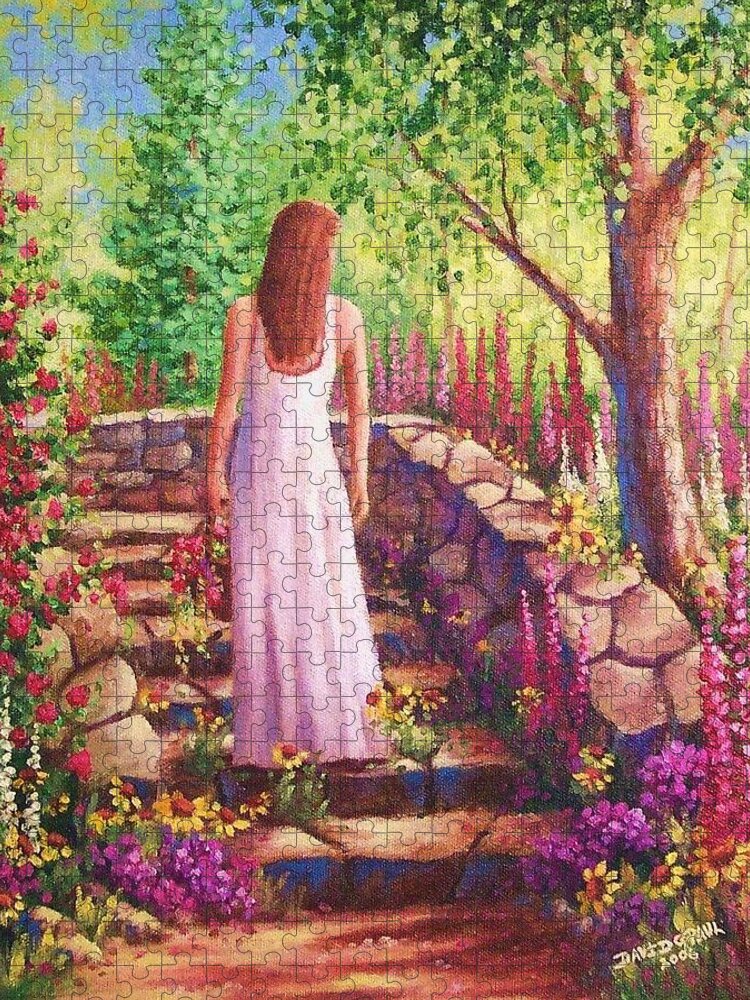 Woman Jigsaw Puzzle featuring the painting Morning In Her Garden by David G Paul