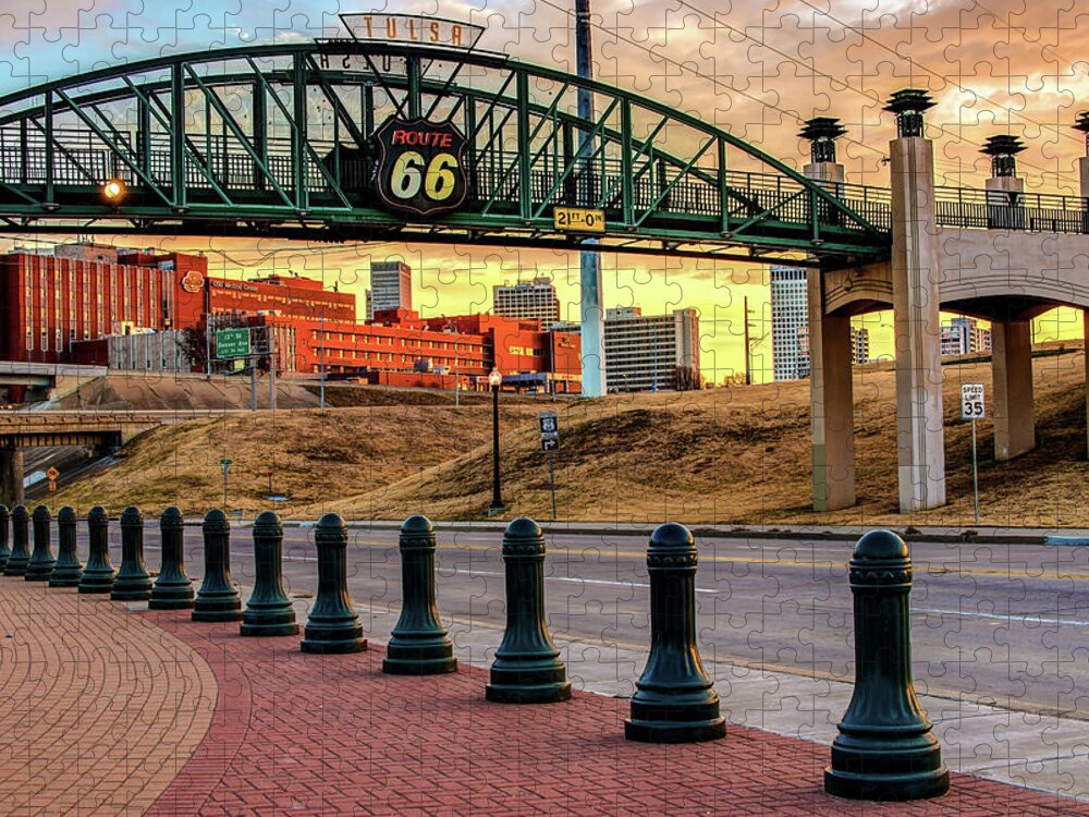 America Jigsaw Puzzle featuring the photograph Rt 66 Sunrise - Tulsa Oklahoma's Route 66 Sign by Gregory Ballos
