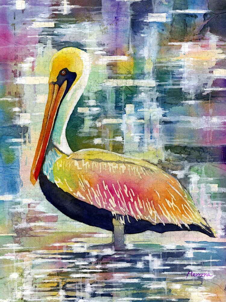 Pelican Jigsaw Puzzle featuring the painting Morning Solitude by Hailey E Herrera