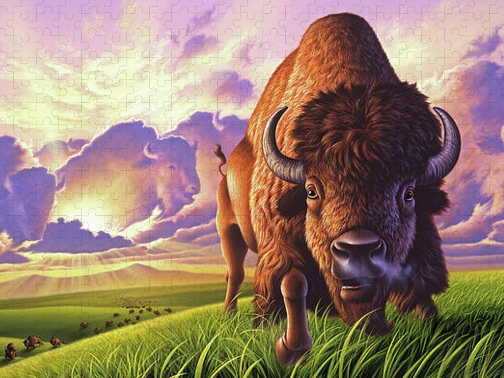 Buffalo Jigsaw Puzzle featuring the painting Morning Thunder by Jerry LoFaro