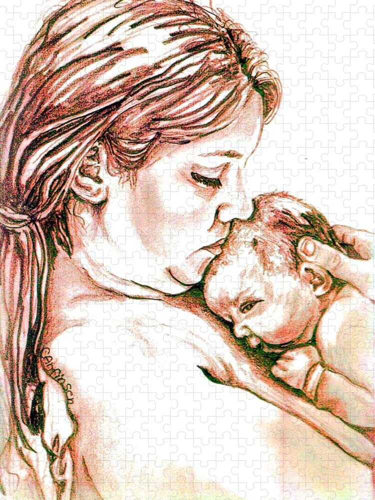 Drawings Jigsaw Puzzle featuring the drawing Mother and Child 1 by Carol Allen Anfinsen