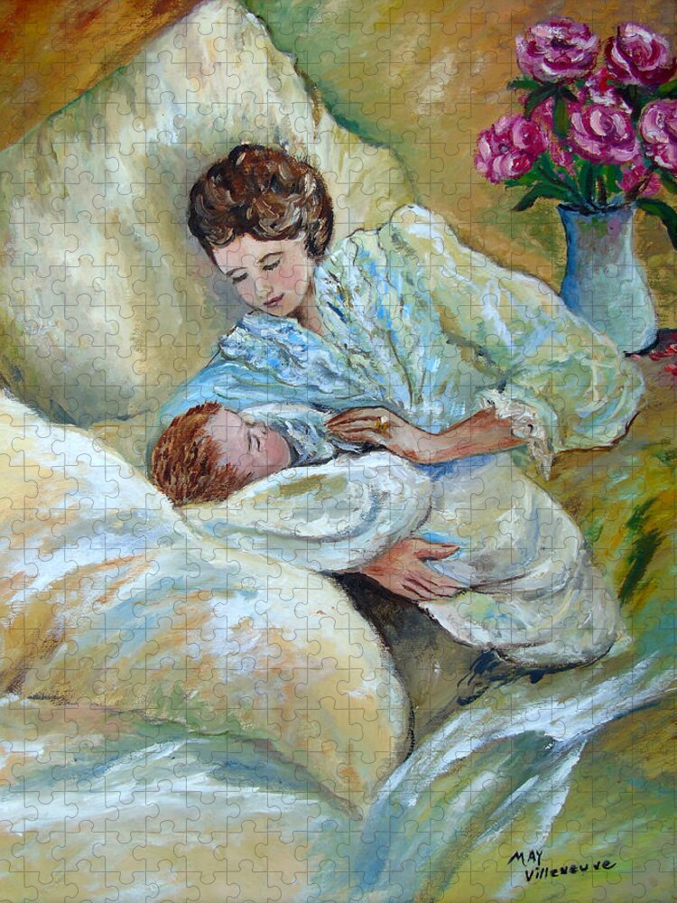 Mother And Child Jigsaw Puzzle featuring the painting Mother and Child by May Villeneuve by Susan Lafleur for May Villeneuve