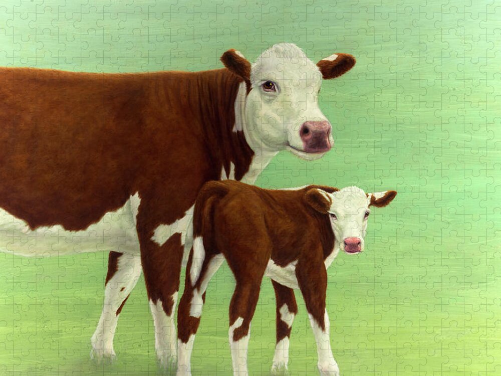 Cows Jigsaw Puzzle featuring the painting Mother and Child Cows by James W Johnson